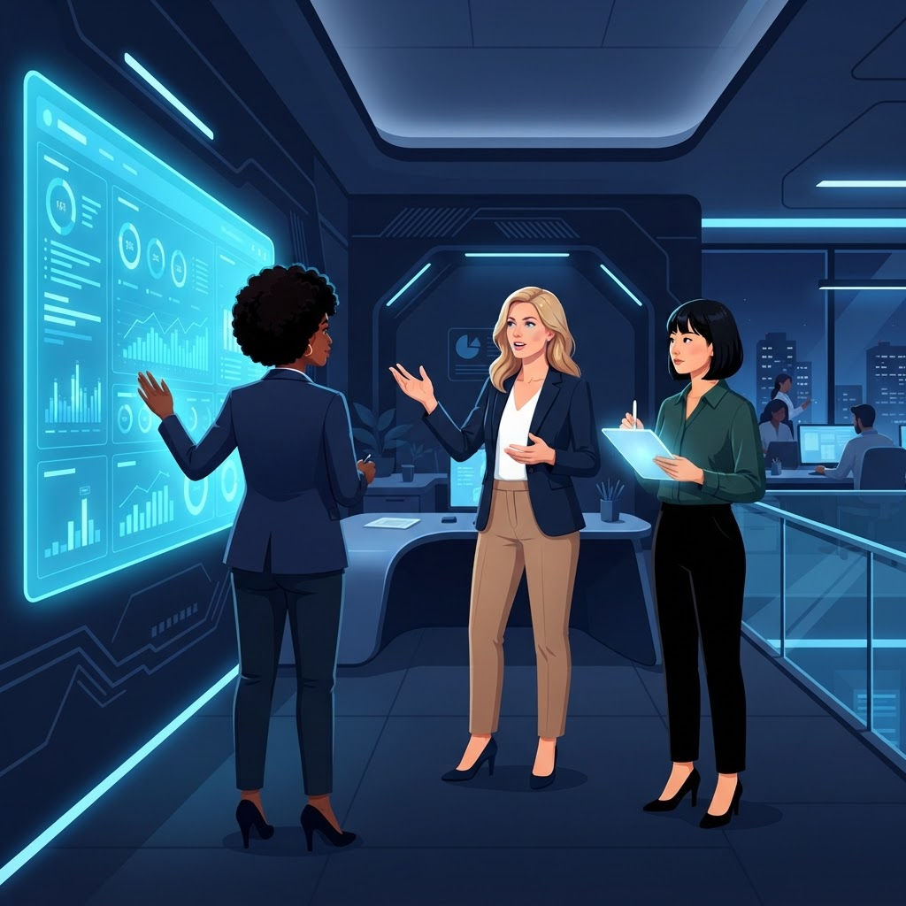 Salesforce professionals collaborating around a CRM dashboard